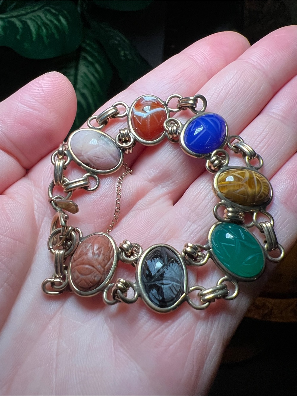 Vintage Amco Signed 12k Gold Filled Multi Gemstone Carved Scarab Bracelet - Picture 9 of 15